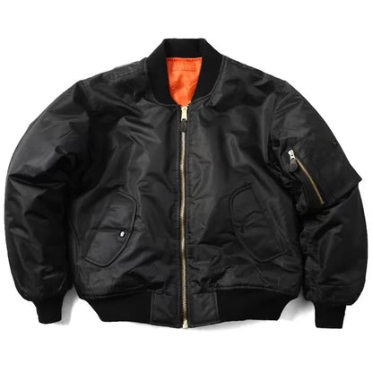 Schwarze Bomberjacke aus Nylon, Herren, Winter, Outdoor, amerikanischer Militärstil, Reißverschluss.