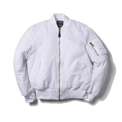 Weiße Bomberjacke aus Nylon, Herren, Winter, Outdoor, amerikanischer Militärstil, Reißverschluss.