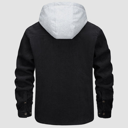 Schwarze Cordjacke mit grauer Kapuze, Herren, warm, Winter, 5 Taschen, Knopfverschluss.