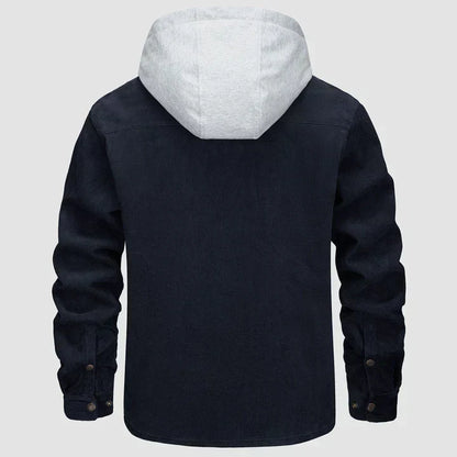 Herren Cordjacke mit Kapuze, schwarz, warm, 5 Taschen, Wintermantel, Freizeit, Knopfleiste.