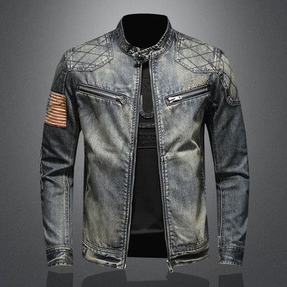 Herren-Jeansjacke, blau, Reißverschlüsse, Stehkragen, lässig, modisch, Vintage-Stil.