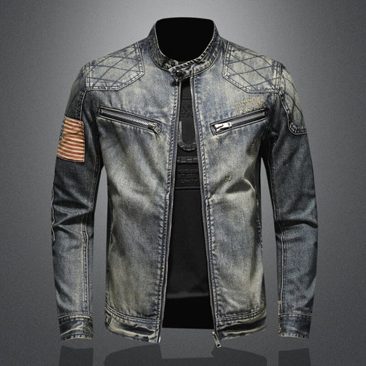Herren-Jeansjacke, blau, Reißverschlüsse, Stehkragen, lässig, modisch, Vintage-Stil.