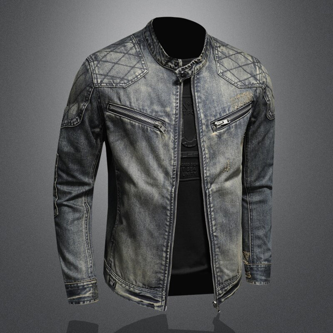 Herren-Jeansjacke, graues Denim, Reißverschlüsse, modisch, lässig, Vintage-Stil.