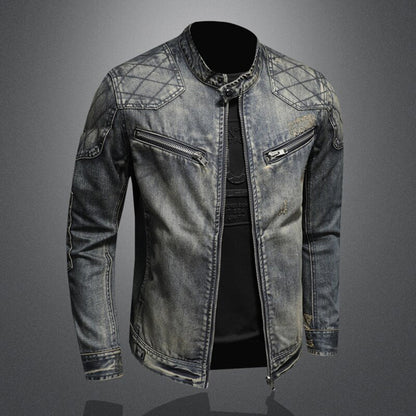 Herren-Jeansjacke, graues Denim, Reißverschlüsse, modisch, lässig, Vintage-Stil.