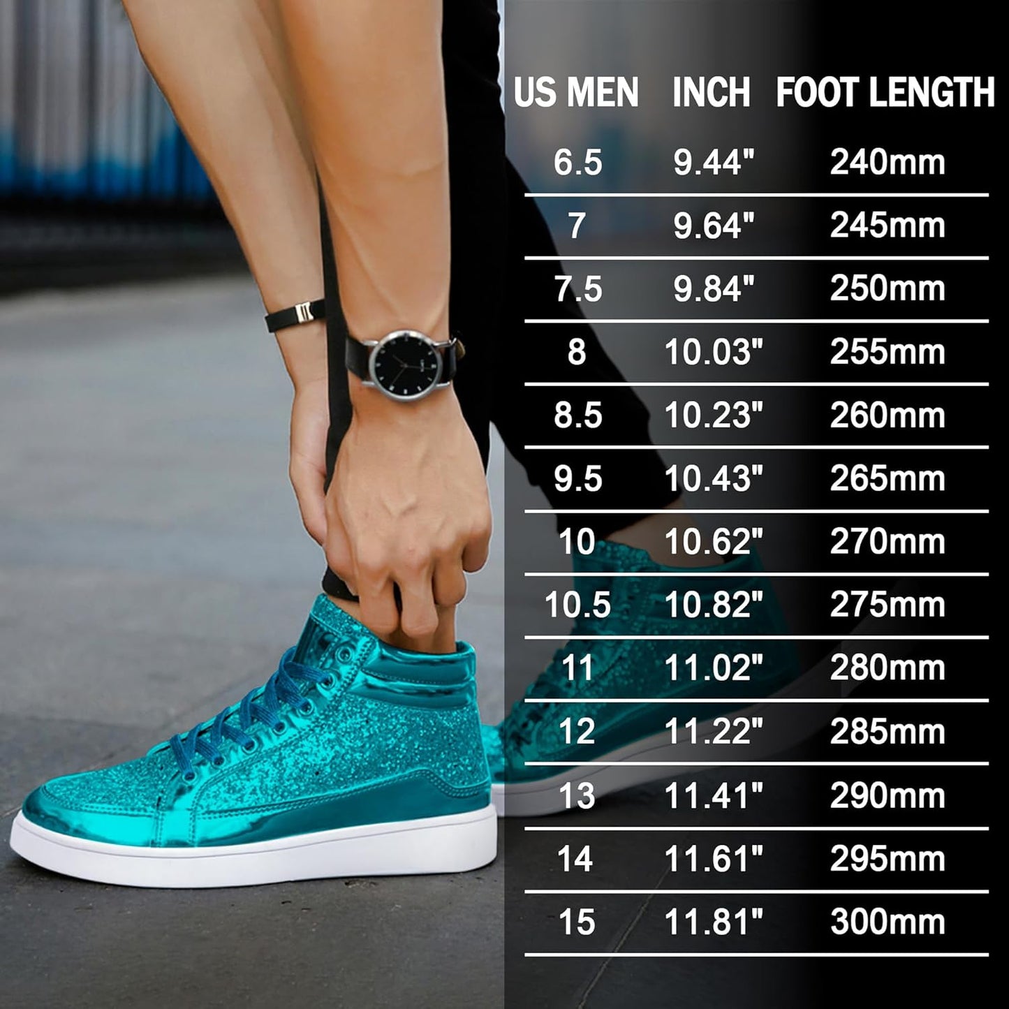 Männer Sneaker, türkis, glänzend, hohe Oberseite, modisch, Größenübersicht, sportlich, modern.
