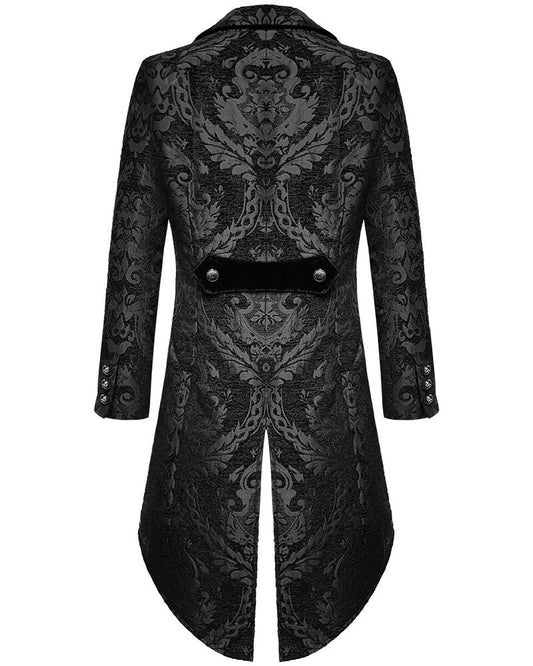 Schwarzer Brokat-Damast Herren-Gothic-Steampunk-Frack, eleganter Hochzeitsmantel.