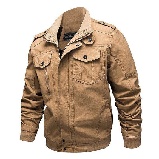 Herrenjacke aus Baumwolle, beige, mit Reißverschluss und Knöpfen, modisch und lässig.