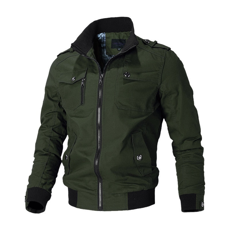 Grüne Herrenjacke, Reißverschluss, Baumwolle, Freizeitmode, Herbstbekleidung, Outdoor-Jacke.