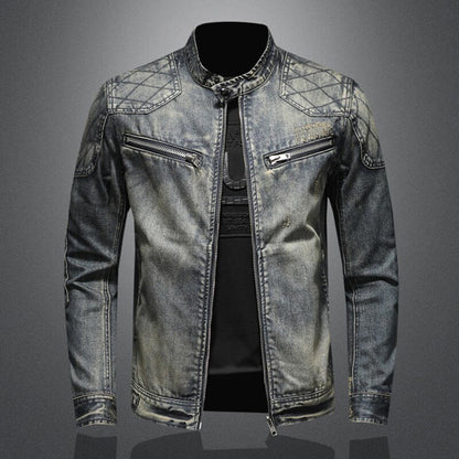 Herren-Jeansjacke, blau, Reißverschlüsse, Stehkragen, modisch, lässig, Denimjacke.