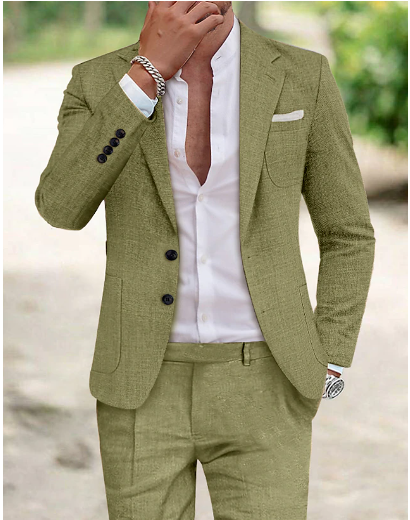 Herrenanzug aus Leinen, olivgrün, Zweiknopf, elegant, Sommermode, Herrenbekleidung.