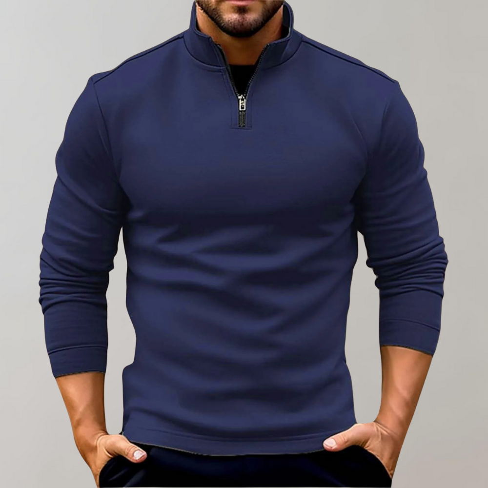 Dunkelblauer Herrenpullover mit Reißverschluss, langärmelig, modisch, bequem.