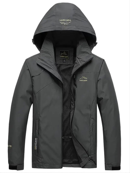 Dunkelgraue Outdoorjacke mit Kapuze, wasserdicht, atmungsaktiv, für Herren, Wanderjacke.