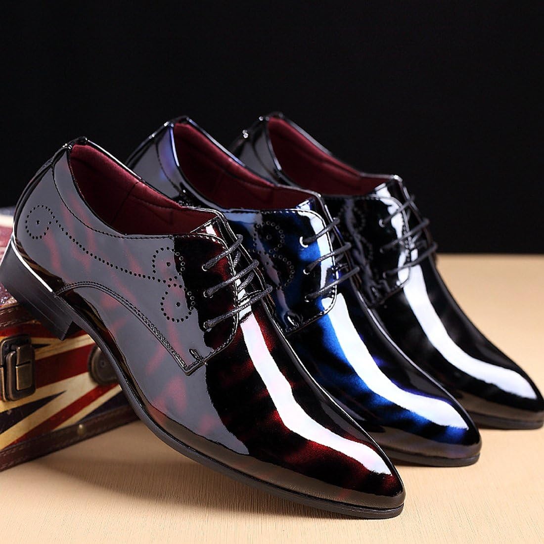 Herren Lacklederschuhe, schwarz-rot-blau, glänzend, Schnürschuhe, elegant, formell