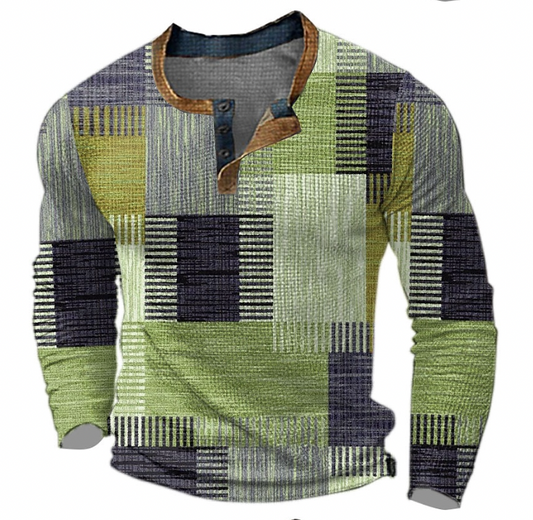 Langarmshirt Herren, kariert, grün-grau, Knopfleiste, Baumwolle, modisch, Freizeitkleidung