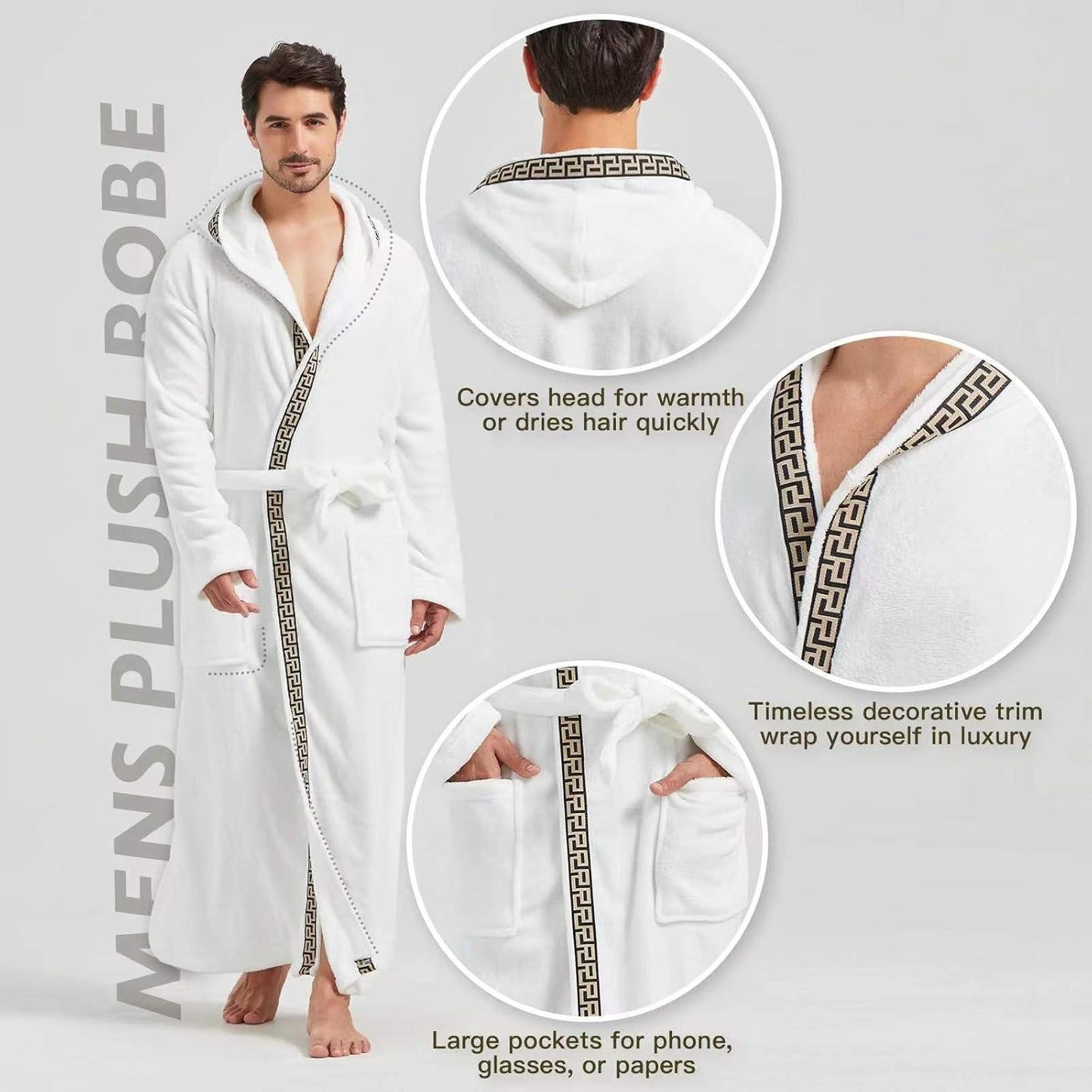 Weißer Herren-Bademantel mit Kapuze, dekorativem Saum und Taschen, weicher Plüschstoff.