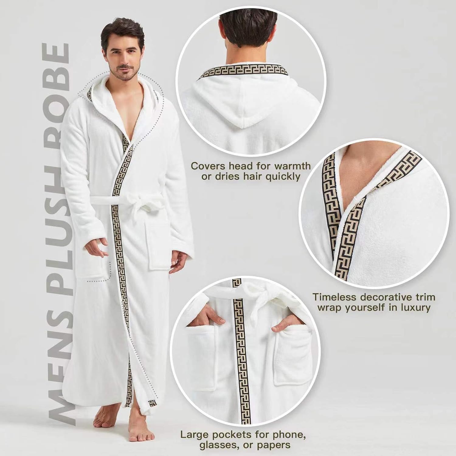 Weißer Herren-Bademantel mit Kapuze, dekorativem Saum und Taschen, weicher Plüschstoff.
