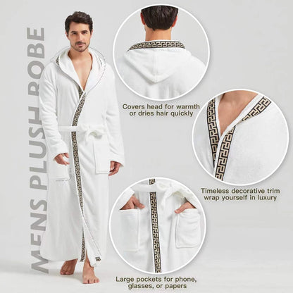 Weißer Herren-Bademantel mit Kapuze, dekorativem Saum und Taschen, weicher Plüschstoff.