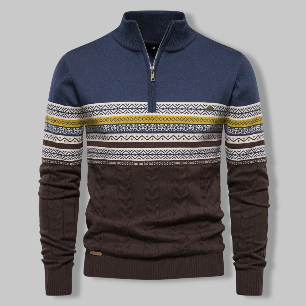 Herrenpullover mit Reißverschluss, blau-braun, Norwegermuster, Strick, Wintermode.