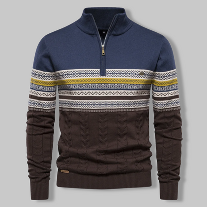 Herrenpullover mit Reißverschluss, blau-braun, Norwegermuster, Strick, Wintermode.