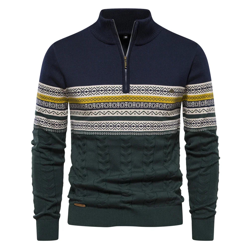 Dunkelblauer und grüner Herrenpullover mit Reißverschluss und Norwegermuster.