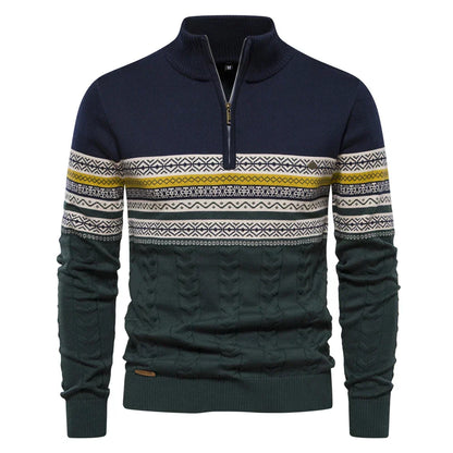 Dunkelblauer und grüner Herrenpullover mit Reißverschluss und Norwegermuster.