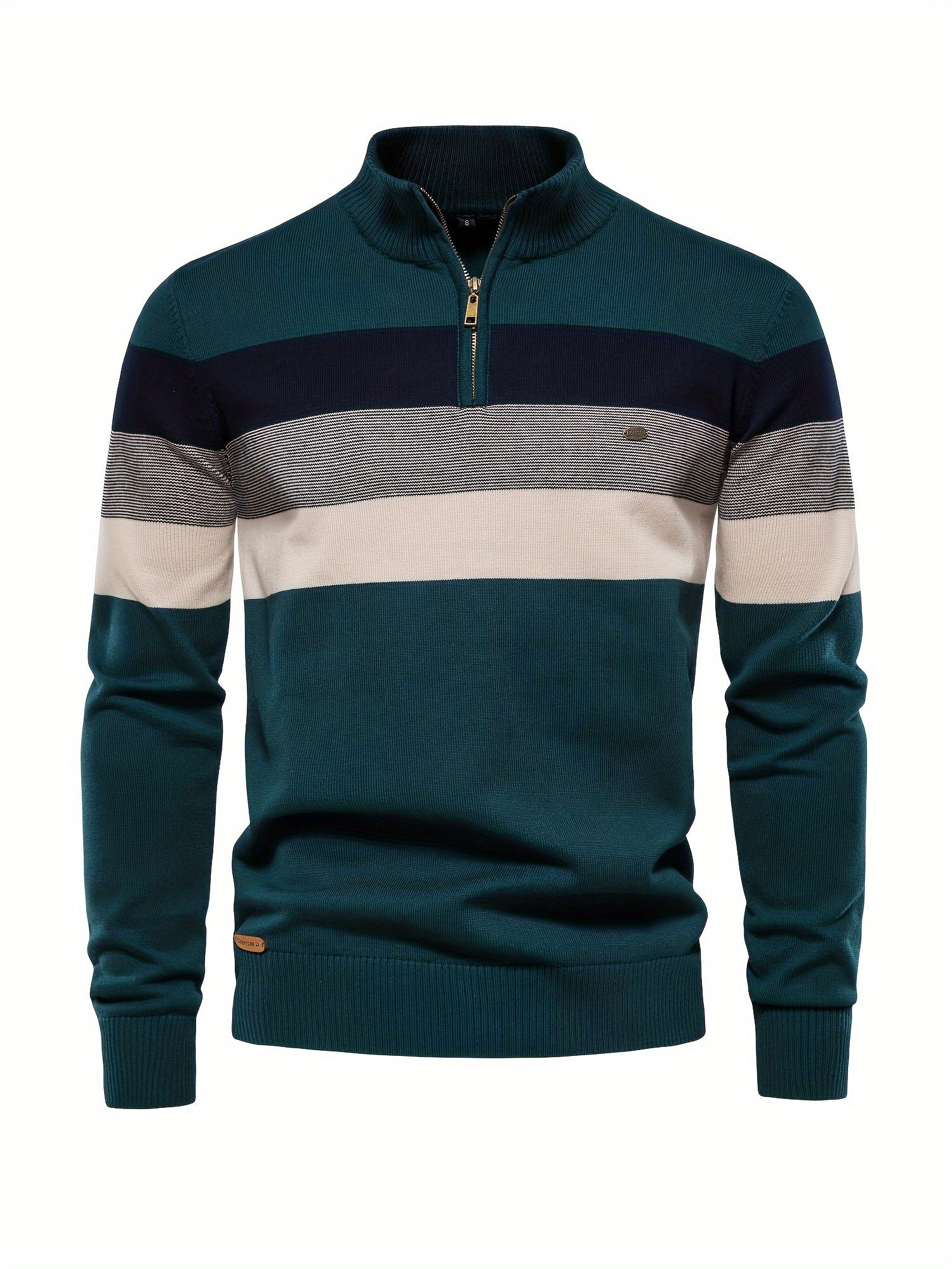 Grüner Herrenpullover mit Reißverschluss, gestreift, Baumwolle, modisch, bequem, Herbstmode.