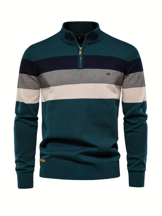 Grüner Herrenpullover mit Reißverschluss, gestreift, Baumwolle, modisch, bequem, Herbstmode.