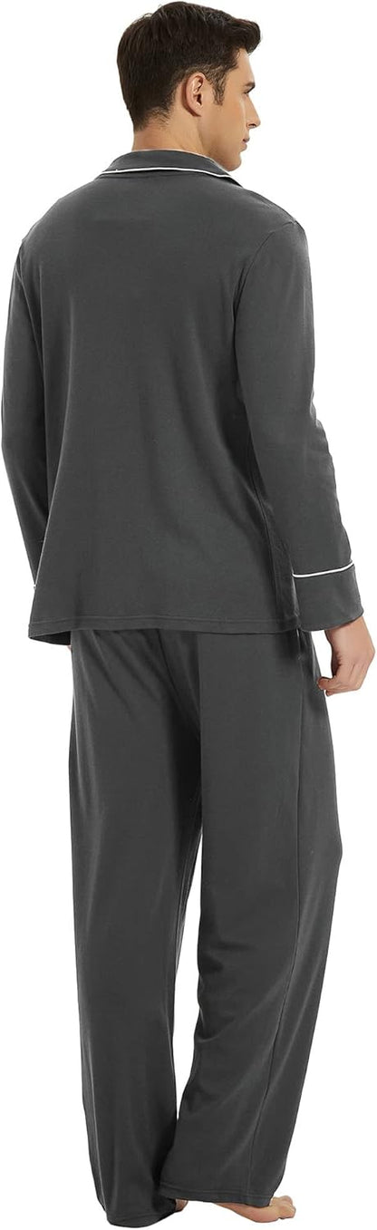 Dunkelgrauer Herren-Pyjama aus Baumwolle, langärmelig, bequem, mit weißem Rand.