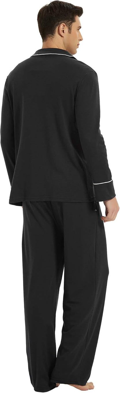 Mann in schwarzem Pyjama-Set aus Baumwolle, langärmelig, bequem, Nachtwäsche.