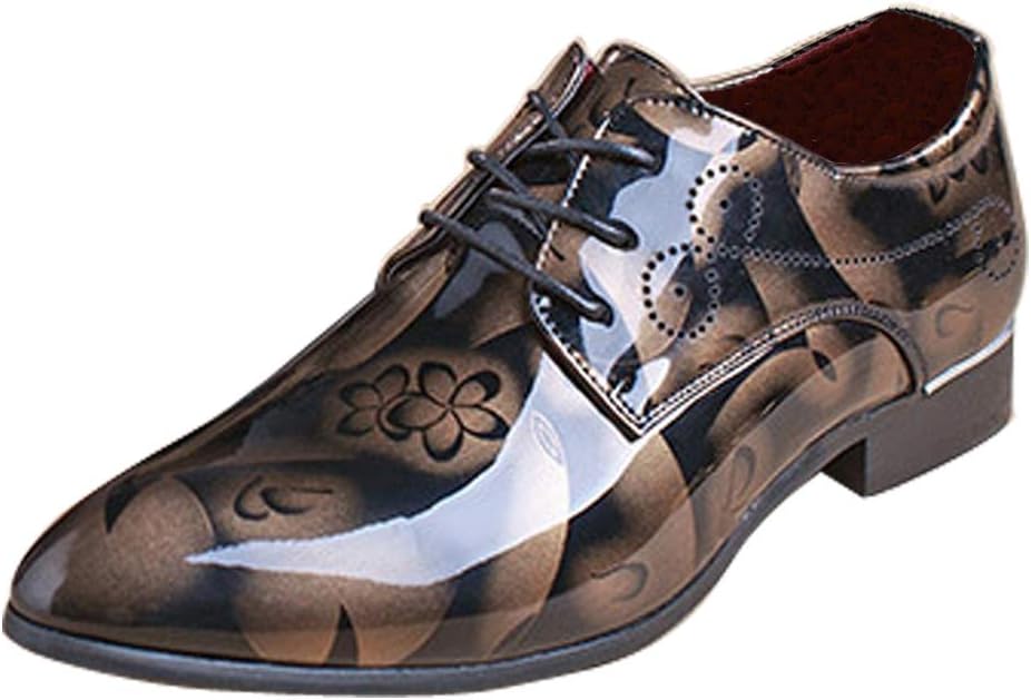 Herren-Lederschnürschuh, schwarz-braun, glänzend, florales Muster, formell, elegant.