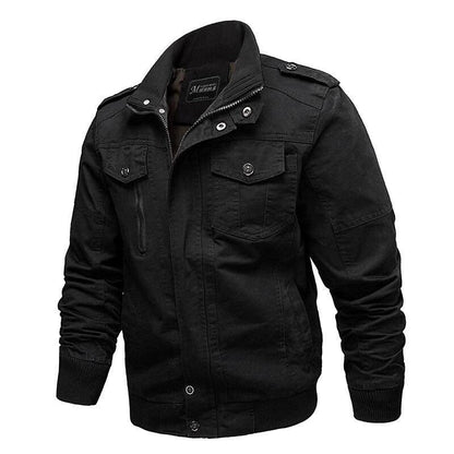 Schwarze Herrenjacke, Baumwolle, Reißverschluss, Taschen, modisch, lässig, Herbstbekleidung.