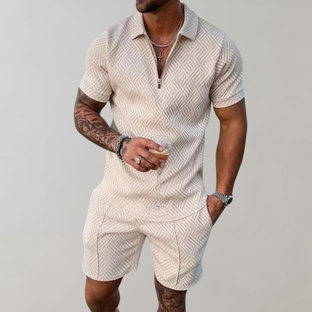Herren Sommer-Set, beige, geometrisches Muster, Kurzarm, Reißverschluss, Freizeitmode.