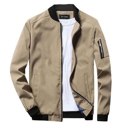 Beige Herren-Sommerjacke, Reißverschluss, Bomberstil, modisch, leicht, Baumwollmischung.