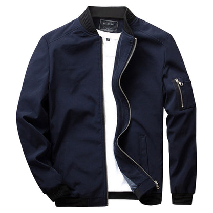 Dunkelblaue Herren-Sommerjacke, Reißverschluss, Bomberstil, modisch, leicht, Baumwolle.