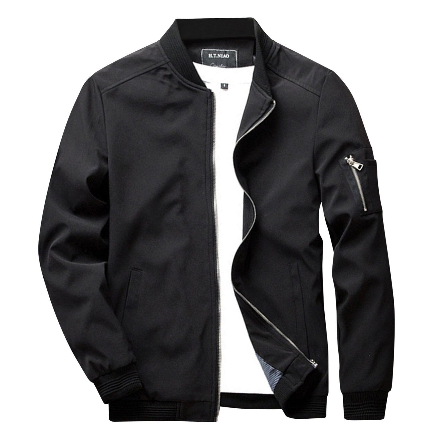 Schwarze Herren-Sommerjacke, Reißverschluss, modisch, leicht, Freizeitkleidung.