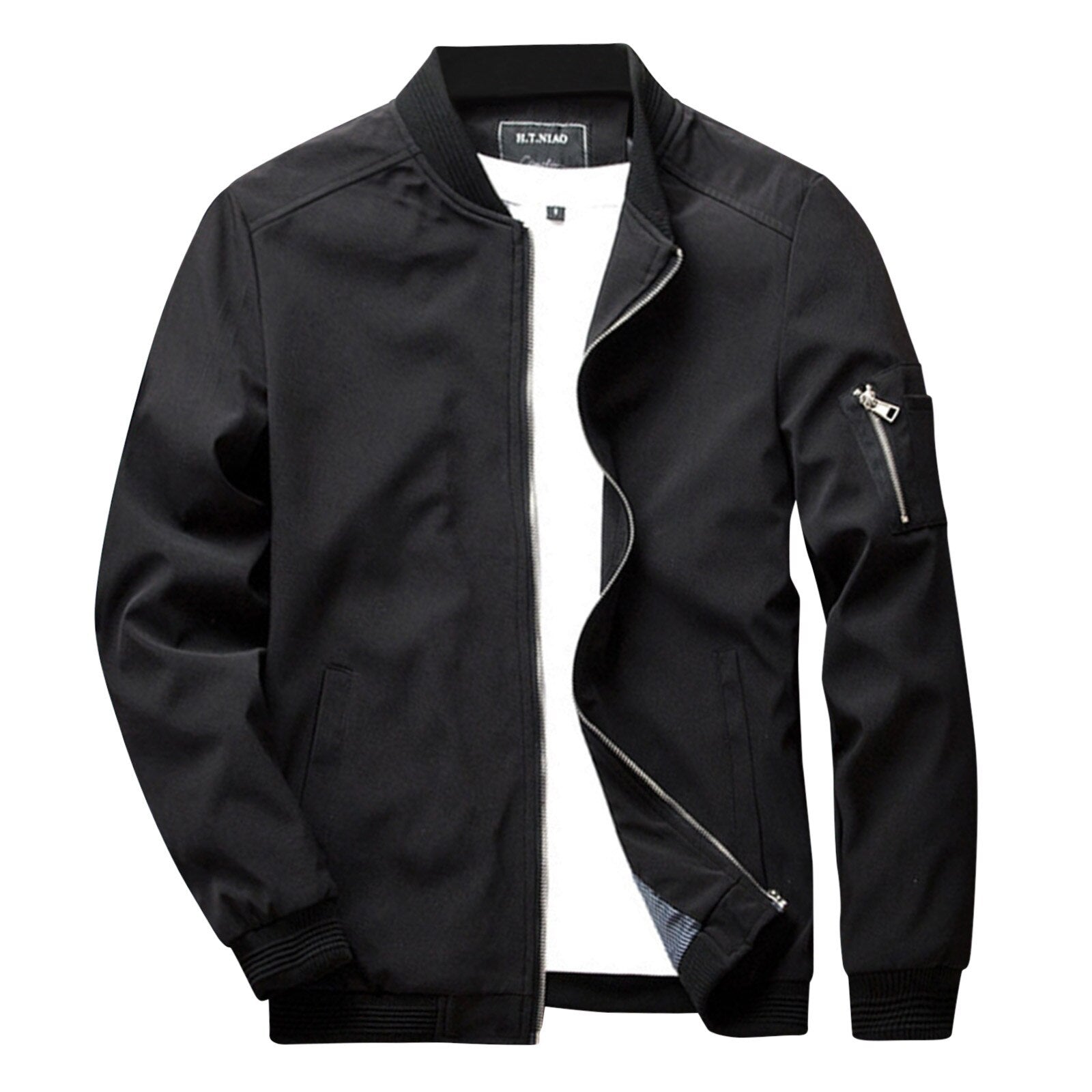 Schwarze Herren-Sommerjacke, Reißverschluss, modisch, leicht, Freizeitkleidung.