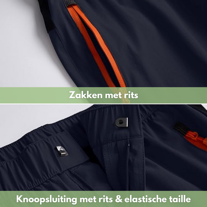Dunkelblaue Herren-Outdoorhose mit Reißverschlusstaschen und elastischem Bund.