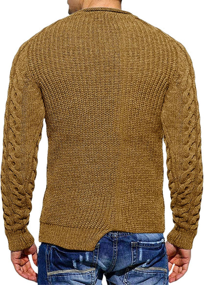 Brauner Herren-Strickpullover, Zopfmuster, langärmelig, modisch, bequem.