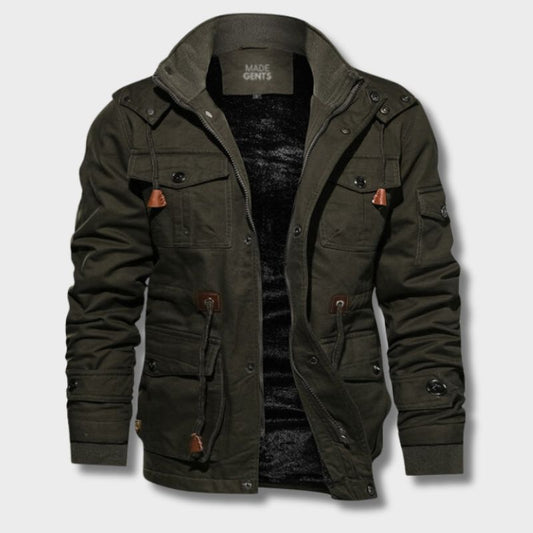 Olivgrüne Herrenjacke aus Baumwolle, Survival-Stil, mit Kapuze und Taschen.
