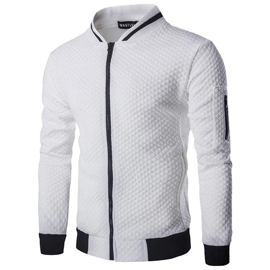 Weiße gesteppte Herrenjacke mit Reißverschluss, Stehkragen, Slim Fit, lange Ärmel.