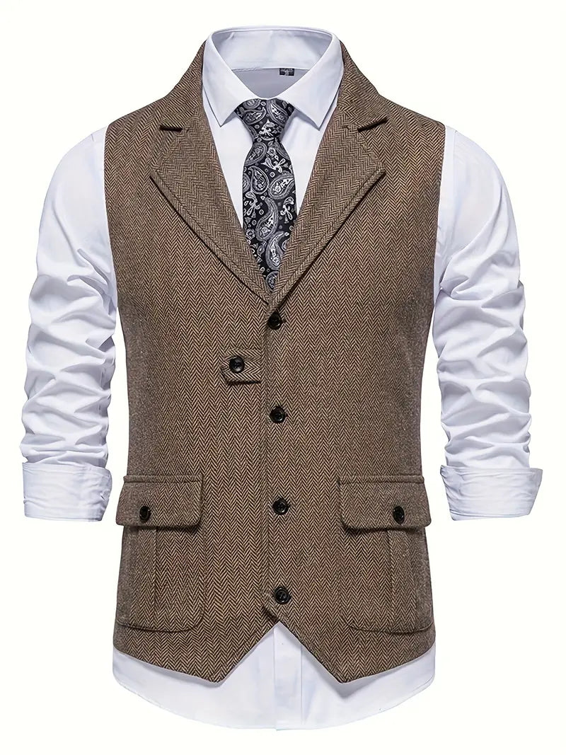 Braune Tweed-Weste mit Knöpfen, weißem Hemd und gemusterter Krawatte für Herrenmode.