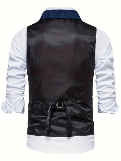 Herrenweste schwarz, Rückansicht, elegantes Design, verstellbarer Riemen, formelle Kleidung