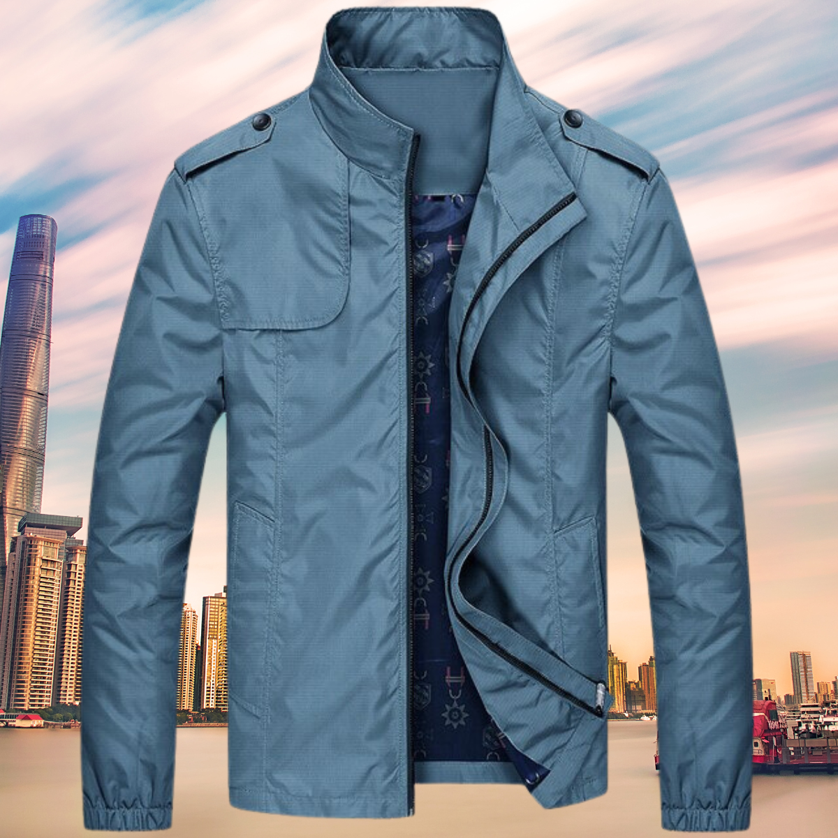 Blaue Herrenjacke, winddicht, mit Reißverschluss, ideal für Frühling und Herbst, modisch.