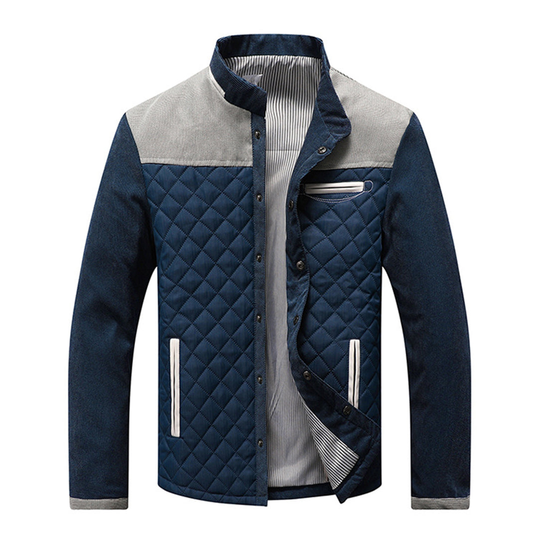 Dunkelblaue gesteppte Herrenjacke mit grauen Akzenten, Reißverschluss und Taschen.