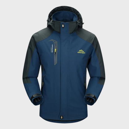 Dunkelblaue Outdoor-Jacke mit Kapuze, wasserdicht, winddicht, Herren, funktional.