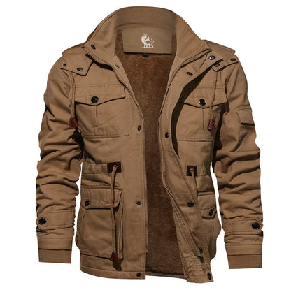 Braune Herrenjacke, Baumwolle, mit Kapuze, Reißverschluss, Outdoor, Herbstmode, warm gefüttert.