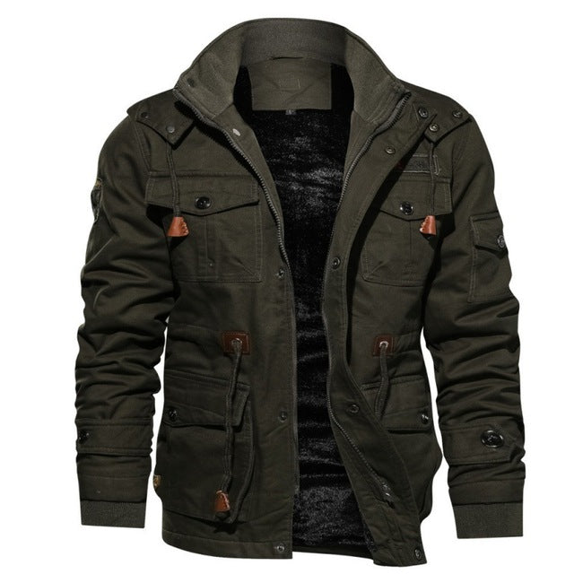 Herren Winterjacke mit Kapuze, olivgrün, Plüschfutter, taktisch, Baumwolle, mittellang.
