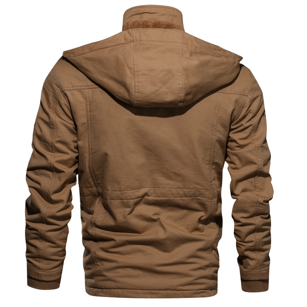 Herren Winterjacke mit Kapuze, braun, Baumwolle, mittellang, warm, taktisch.
