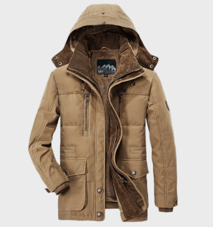 Braune Herren-Winterjacke mit Kapuze, Reißverschluss und Taschen, warm und stilvoll.