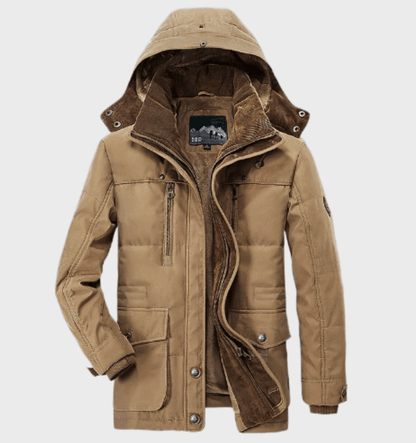Braune Herren-Winterjacke mit Kapuze, Reißverschluss und Taschen, warm und stilvoll.